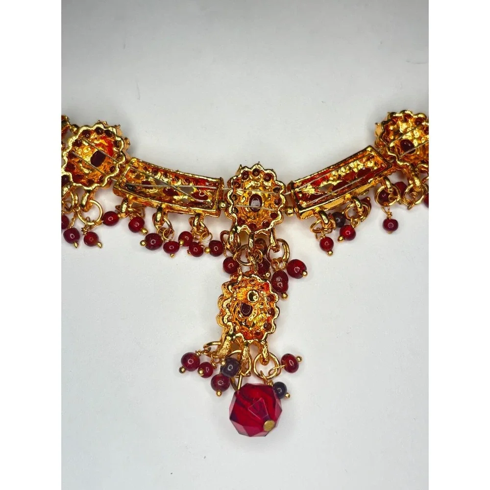 Vintage Indian Style Bib Necklace Gold Tone Red Stone Rhinestone 24